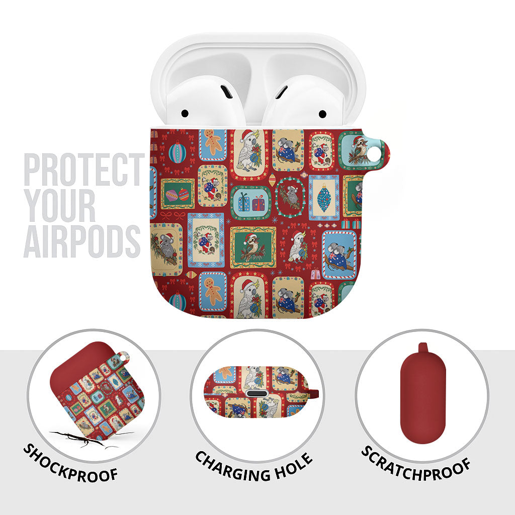Australia Wildlife Christmas Stamp AirPods Case Red Aussie Native Animal Seamless Pattern