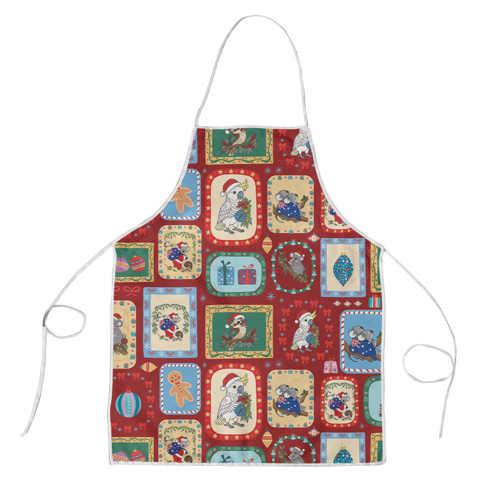 Australia Wildlife Christmas Stamp Apron Red Aussie Native Animal Seamless Pattern