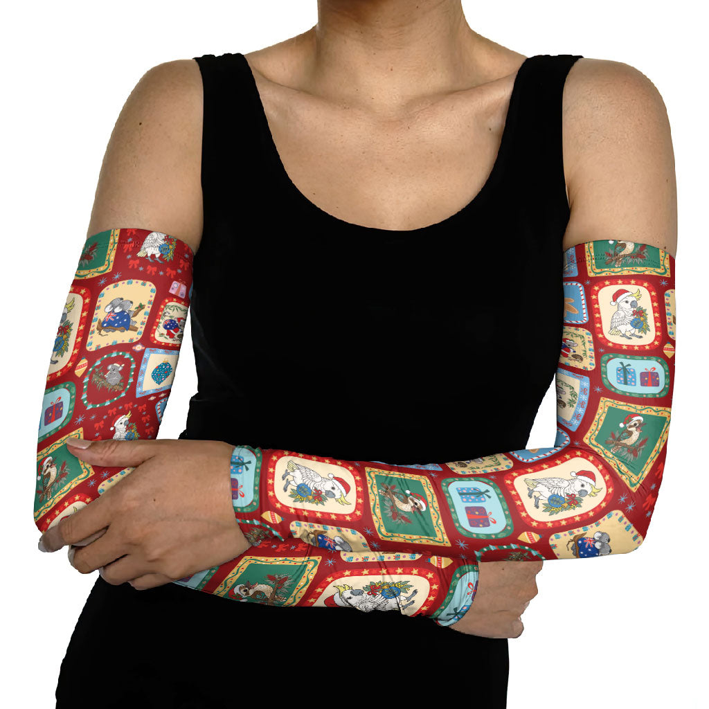 Australia Wildlife Christmas Stamp Arm Sleeves Red Aussie Native Animal Seamless Pattern
