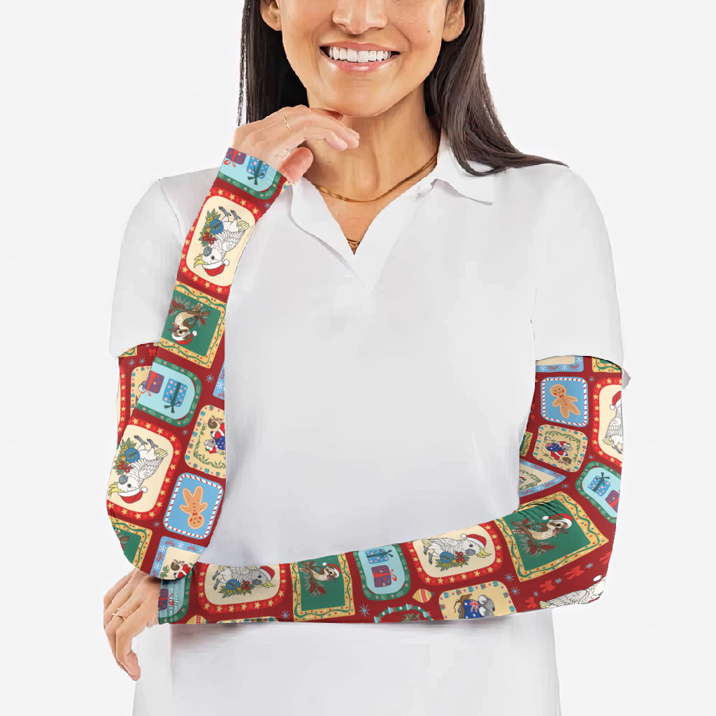 Australia Wildlife Christmas Stamp Arm Sleeves Red Aussie Native Animal Seamless Pattern