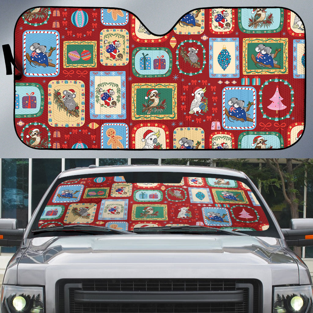 Australia Wildlife Christmas Stamp Auto Sun Shade Red Aussie Native Animal Seamless Pattern
