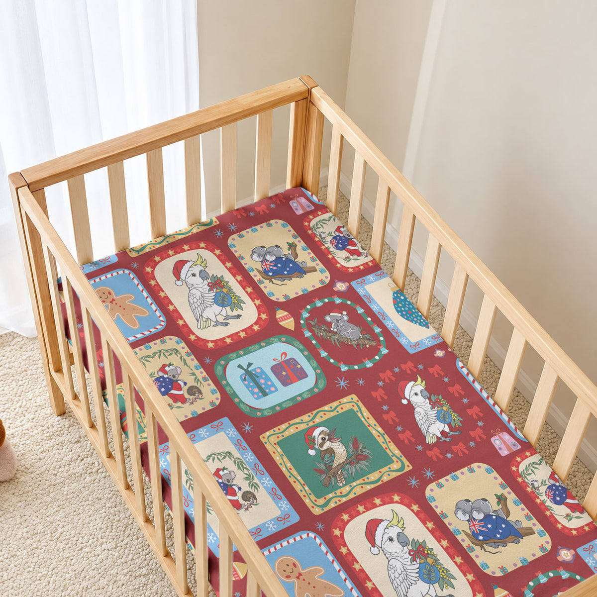 Australia Wildlife Christmas Stamp Baby Bed Cover Red Aussie Native Animal Seamless Pattern
