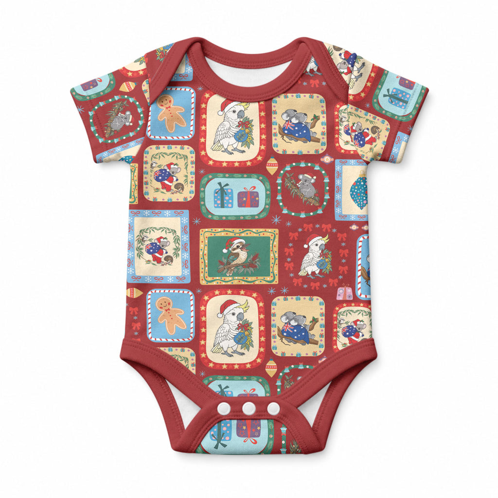 Australia Wildlife Christmas Stamp Baby Onesie Red Aussie Native Animal Seamless Pattern