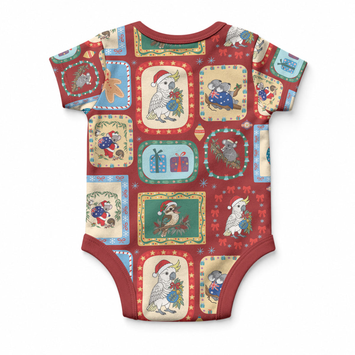 Australia Wildlife Christmas Stamp Baby Onesie Red Aussie Native Animal Seamless Pattern