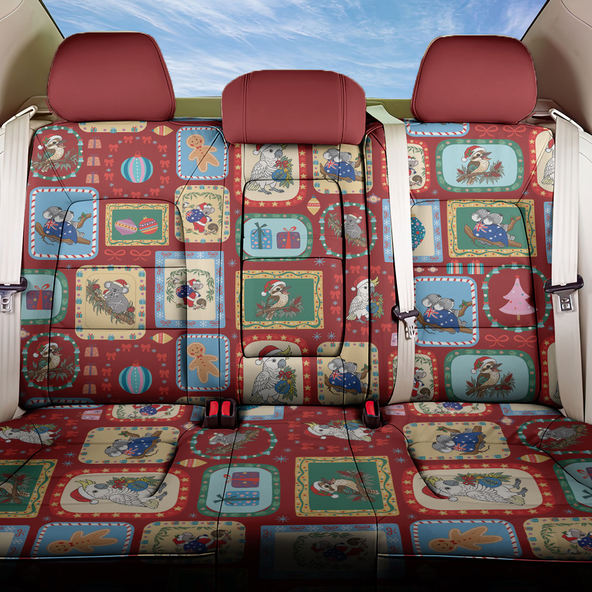 Australia Wildlife Christmas Stamp Back Car Seat Cover Red Aussie Native Animal Seamless Pattern