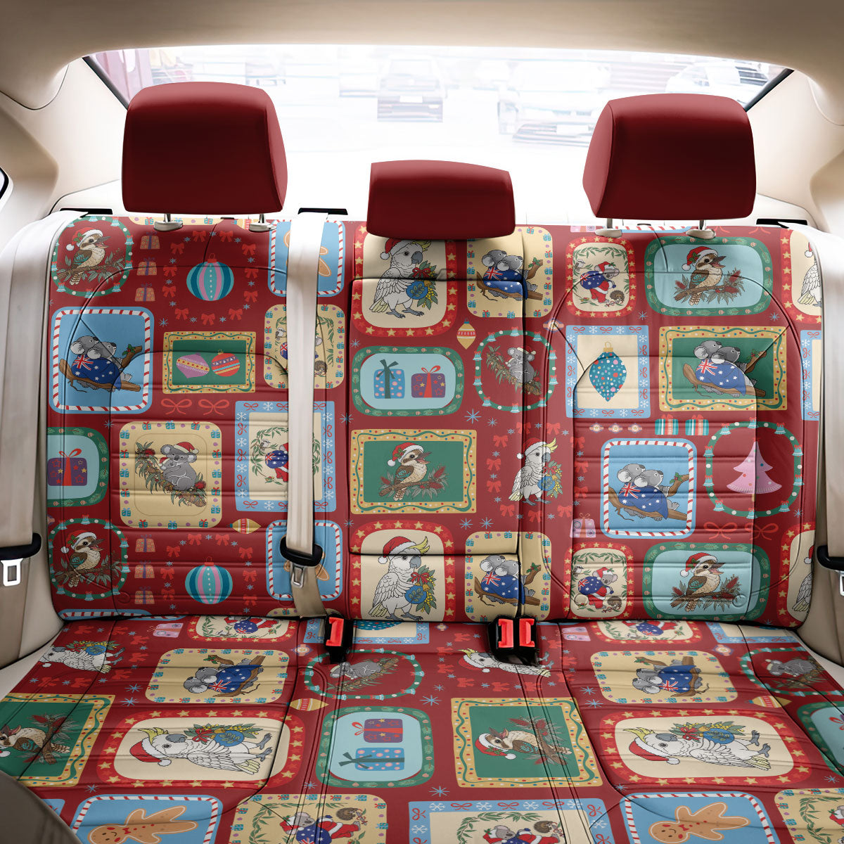 Australia Wildlife Christmas Stamp Back Car Seat Cover Red Aussie Native Animal Seamless Pattern