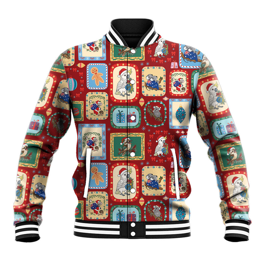 Australia Wildlife Christmas Stamp Baseball Jacket Red Aussie Native Animal Seamless Pattern