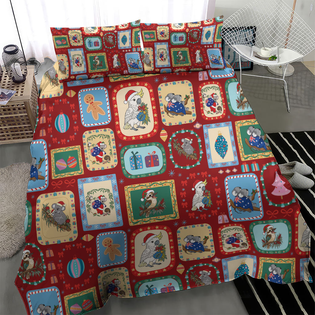 Australia Wildlife Christmas Stamp Bedding Set Red Aussie Native Animal Seamless Pattern