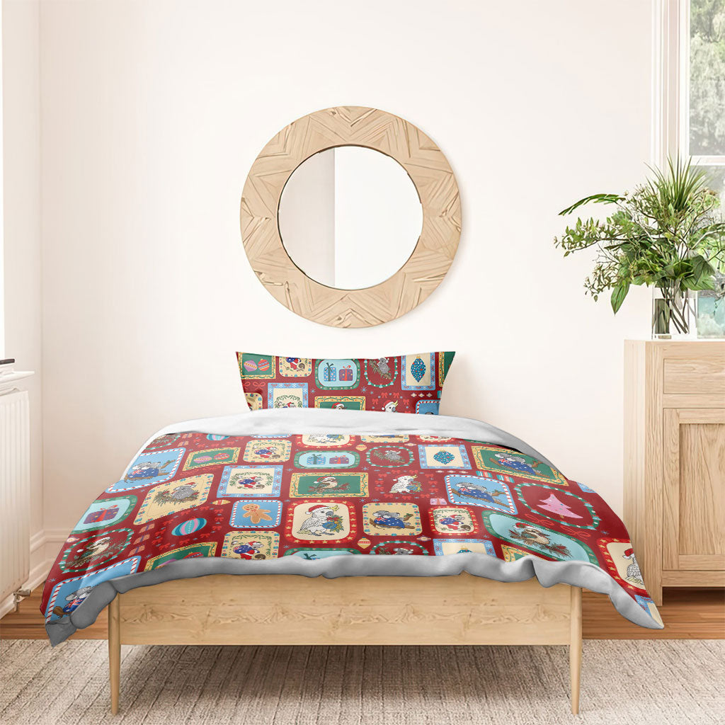Australia Wildlife Christmas Stamp Bedding Set Red Aussie Native Animal Seamless Pattern