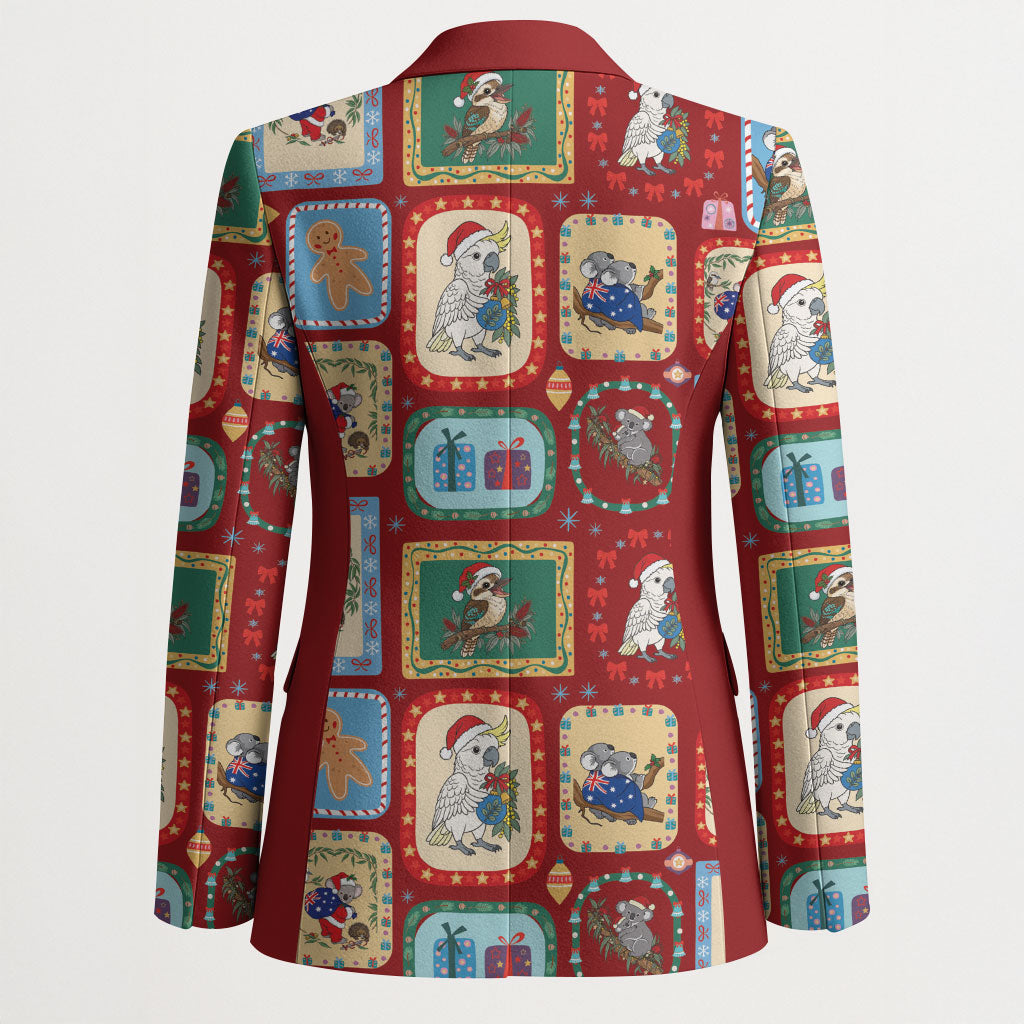 Australia Wildlife Christmas Stamp Blazer Red Aussie Native Animal Seamless Pattern