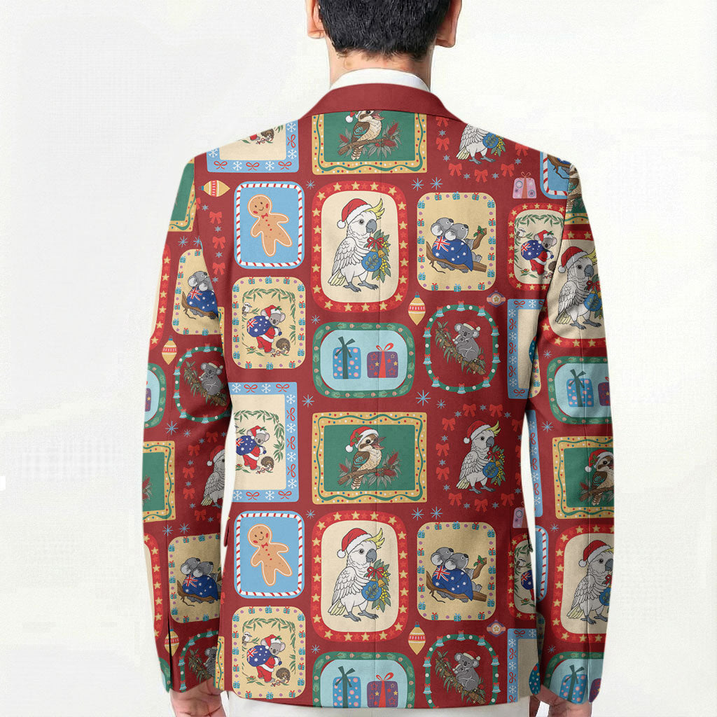 Australia Wildlife Christmas Stamp Blazer Red Aussie Native Animal Seamless Pattern