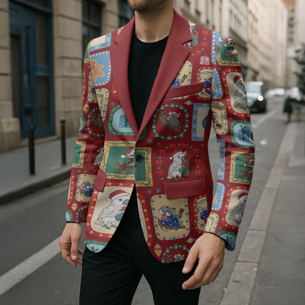 Australia Wildlife Christmas Stamp Blazer Red Aussie Native Animal Seamless Pattern