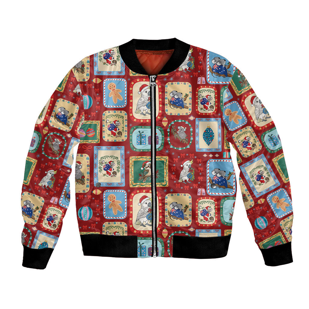 Australia Wildlife Christmas Stamp Bomber Jacket Red Aussie Native Animal Seamless Pattern