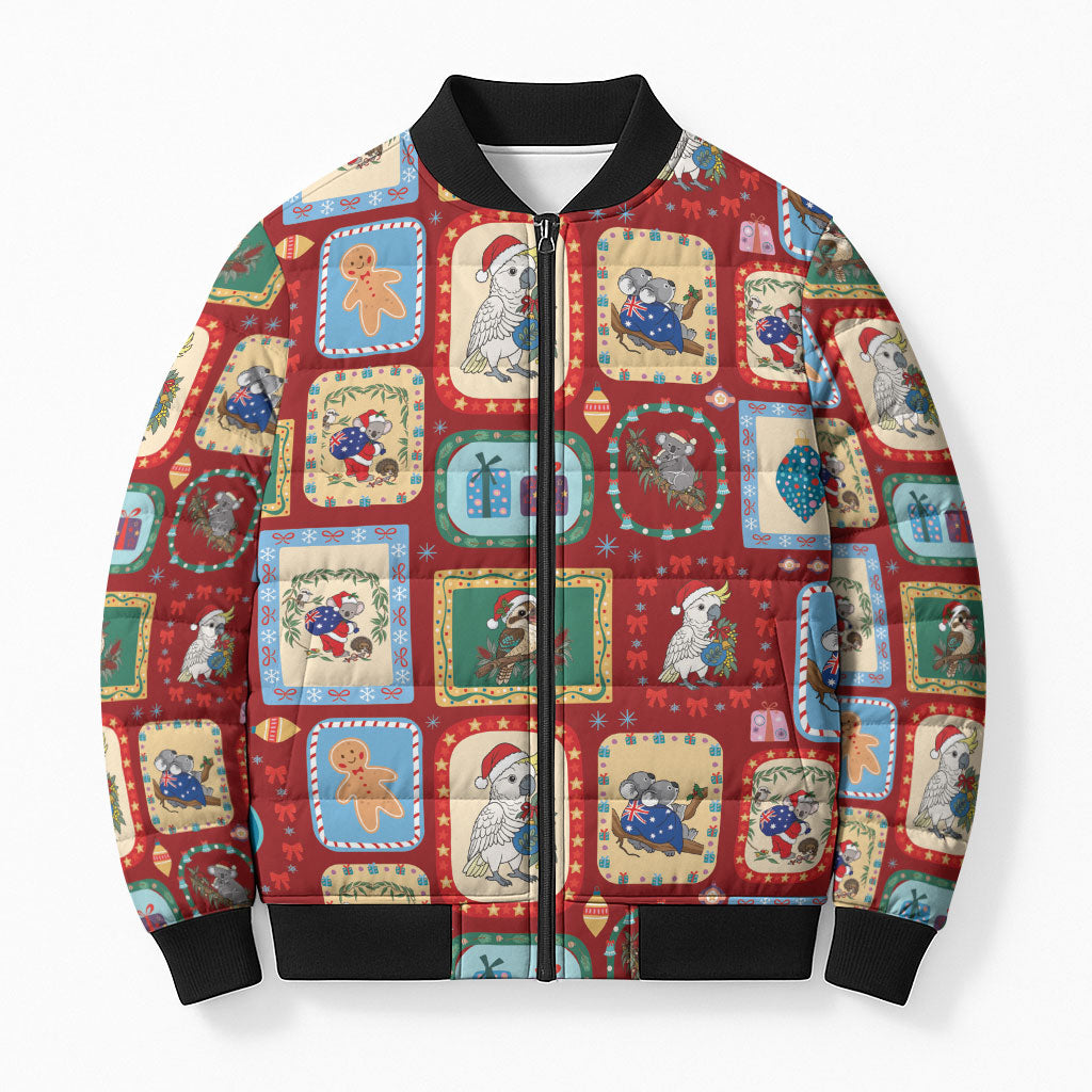 Australia Wildlife Christmas Stamp Bomber Puffer Jacket Red Aussie Native Animal Seamless Pattern