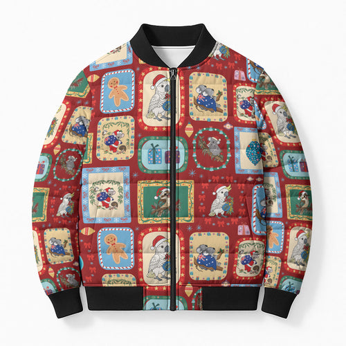 Australia Wildlife Christmas Stamp Bomber Puffer Jacket Red Aussie Native Animal Seamless Pattern
