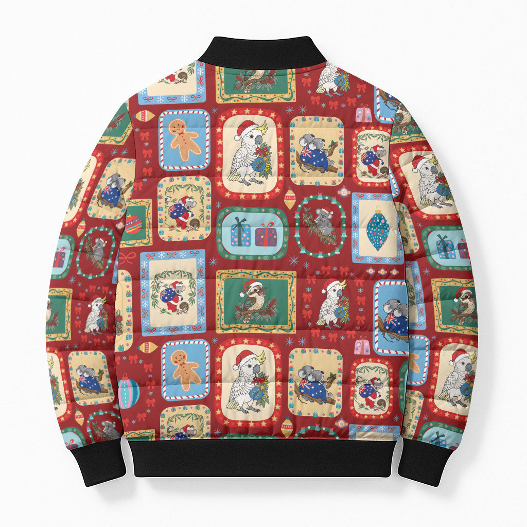 Australia Wildlife Christmas Stamp Bomber Puffer Jacket Red Aussie Native Animal Seamless Pattern
