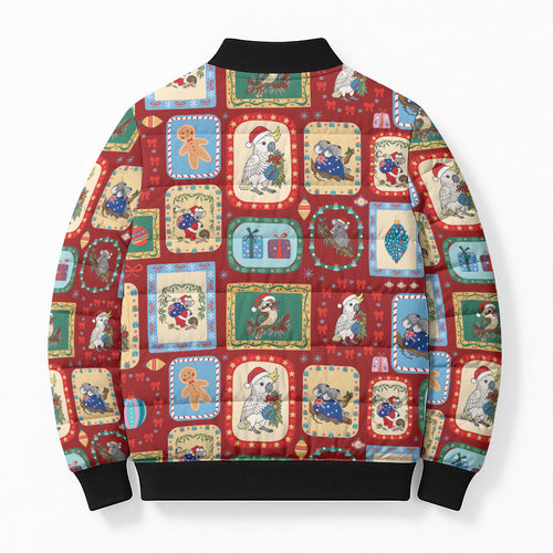 Australia Wildlife Christmas Stamp Bomber Puffer Jacket Red Aussie Native Animal Seamless Pattern