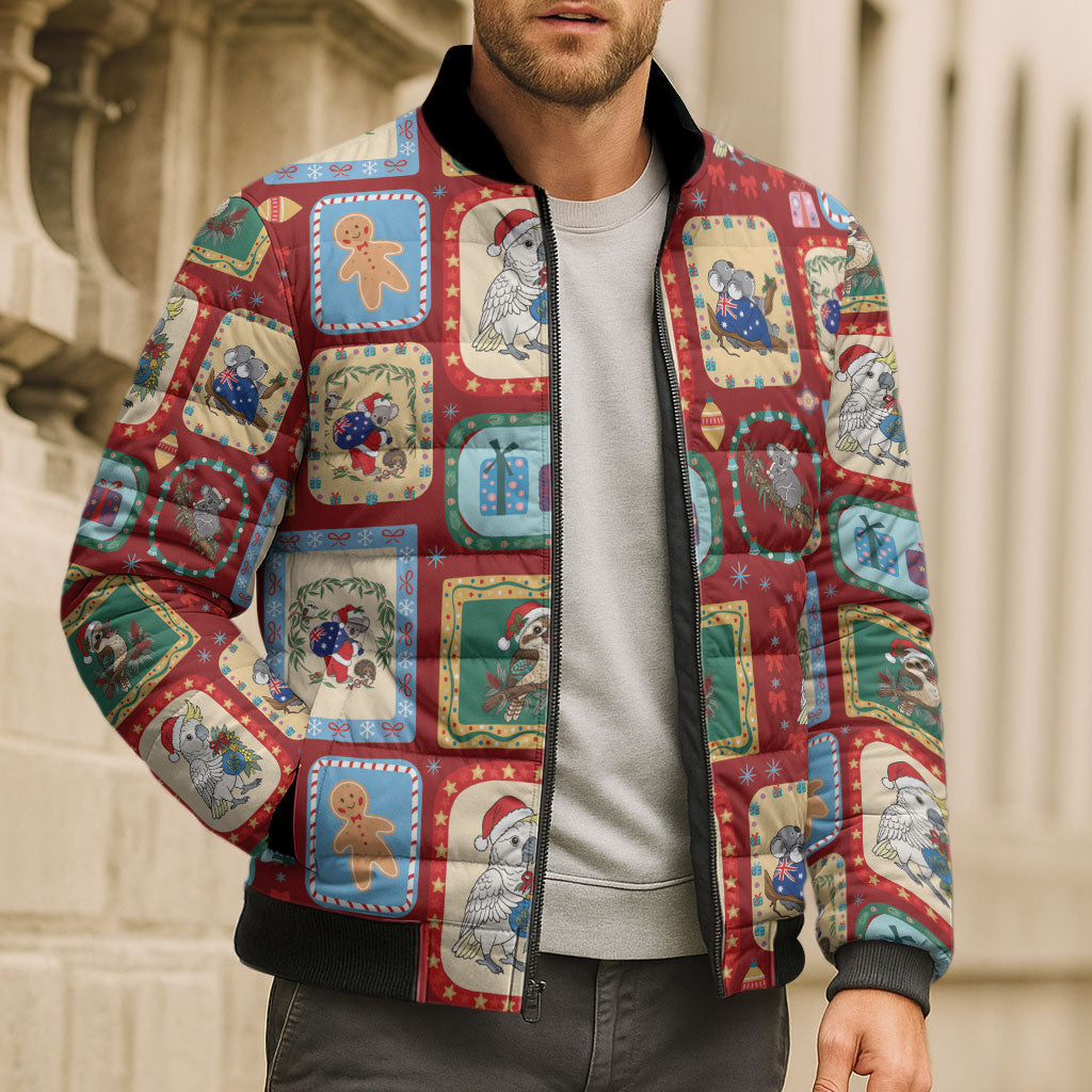 Australia Wildlife Christmas Stamp Bomber Puffer Jacket Red Aussie Native Animal Seamless Pattern