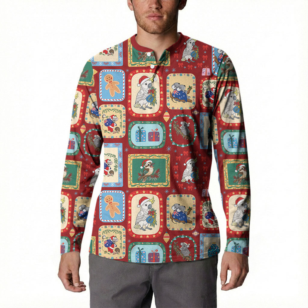 Australia Wildlife Christmas Stamp Button Sweatshirt Red Aussie Native Animal Seamless Pattern