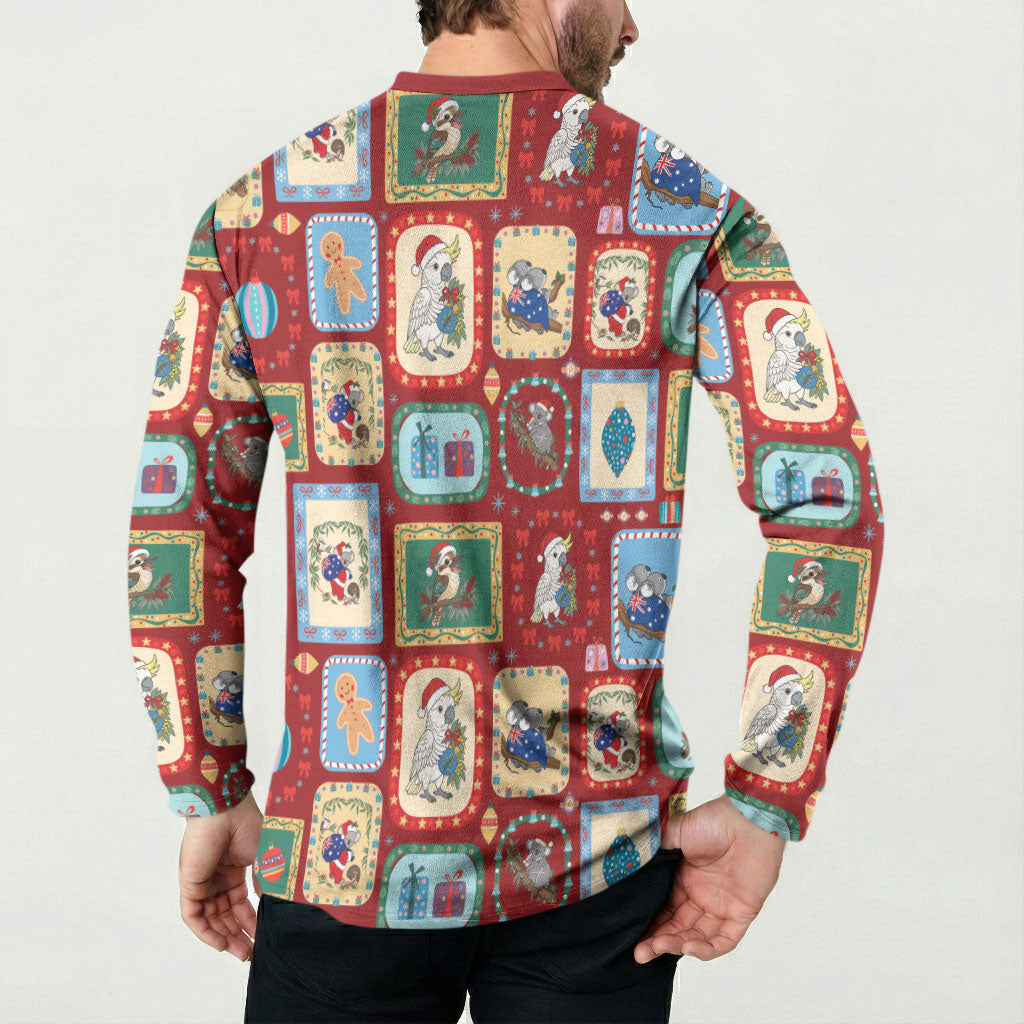 Australia Wildlife Christmas Stamp Button Sweatshirt Red Aussie Native Animal Seamless Pattern