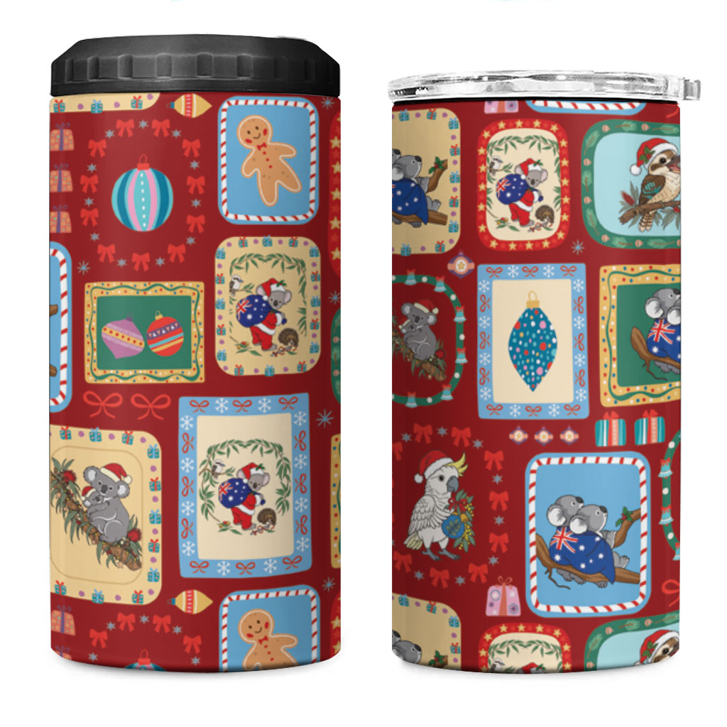 Australia Wildlife Christmas Stamp 4 in 1 Can Cooler Tumbler Red Aussie Native Animal Seamless Pattern