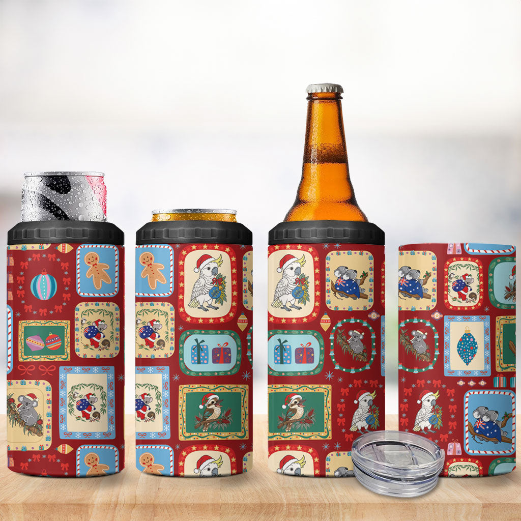 Australia Wildlife Christmas Stamp 4 in 1 Can Cooler Tumbler Red Aussie Native Animal Seamless Pattern