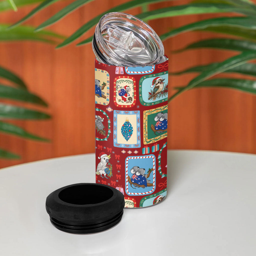 Australia Wildlife Christmas Stamp 4 in 1 Can Cooler Tumbler Red Aussie Native Animal Seamless Pattern