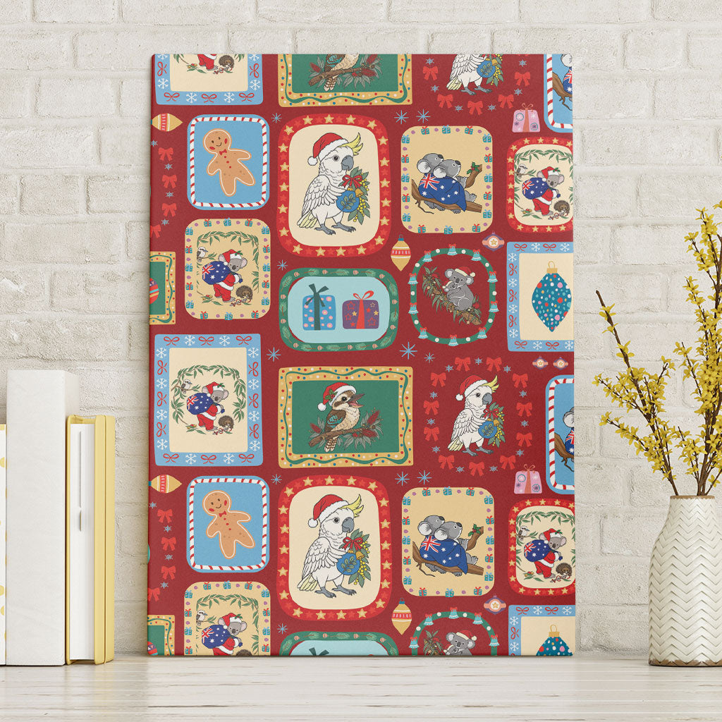 Australia Wildlife Christmas Stamp Canvas Wall Art Red Aussie Native Animal Seamless Pattern