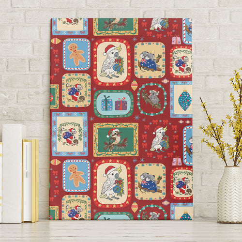 Australia Wildlife Christmas Stamp Canvas Wall Art Red Aussie Native Animal Seamless Pattern