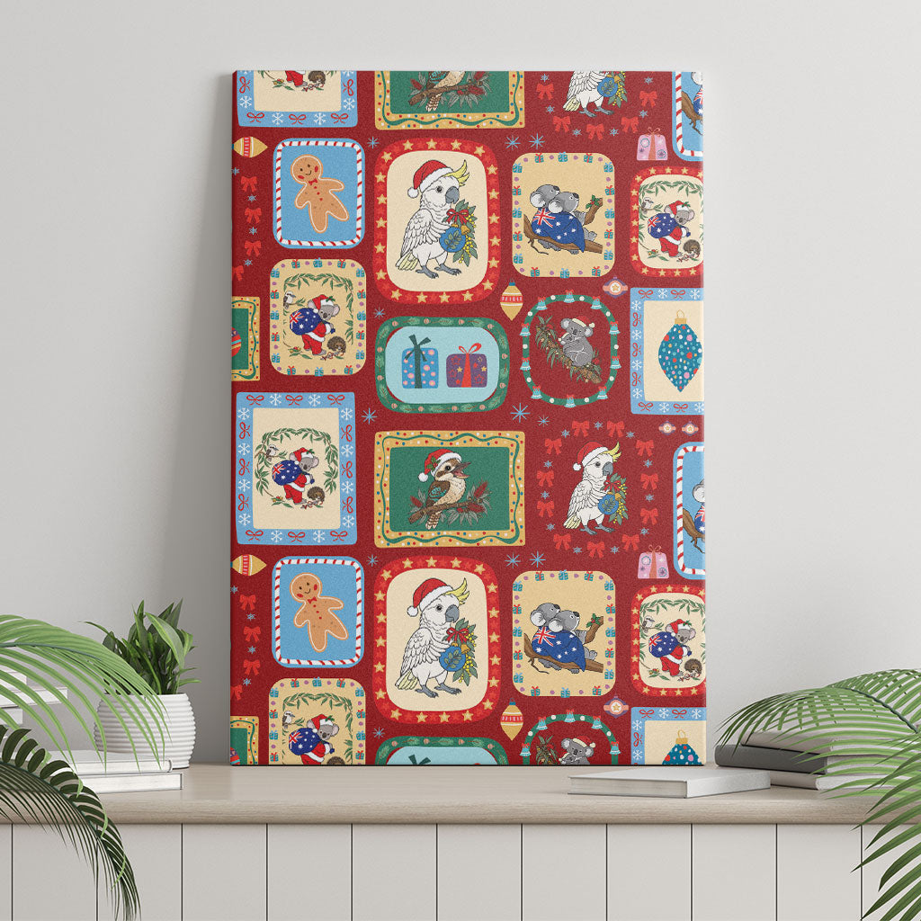 Australia Wildlife Christmas Stamp Canvas Wall Art Red Aussie Native Animal Seamless Pattern