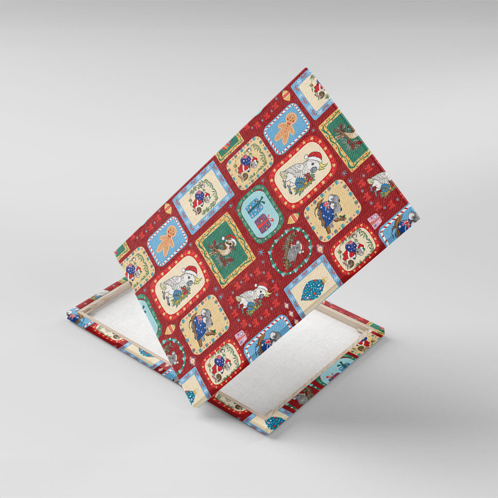 Australia Wildlife Christmas Stamp Canvas Wall Art Red Aussie Native Animal Seamless Pattern
