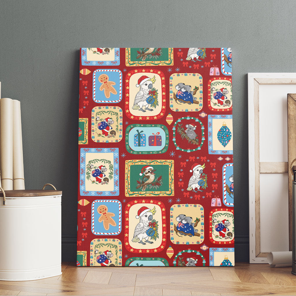 Australia Wildlife Christmas Stamp Canvas Wall Art Red Aussie Native Animal Seamless Pattern