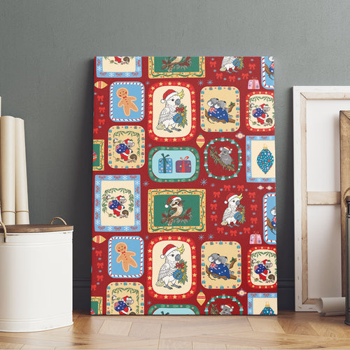 Australia Wildlife Christmas Stamp Canvas Wall Art Red Aussie Native Animal Seamless Pattern