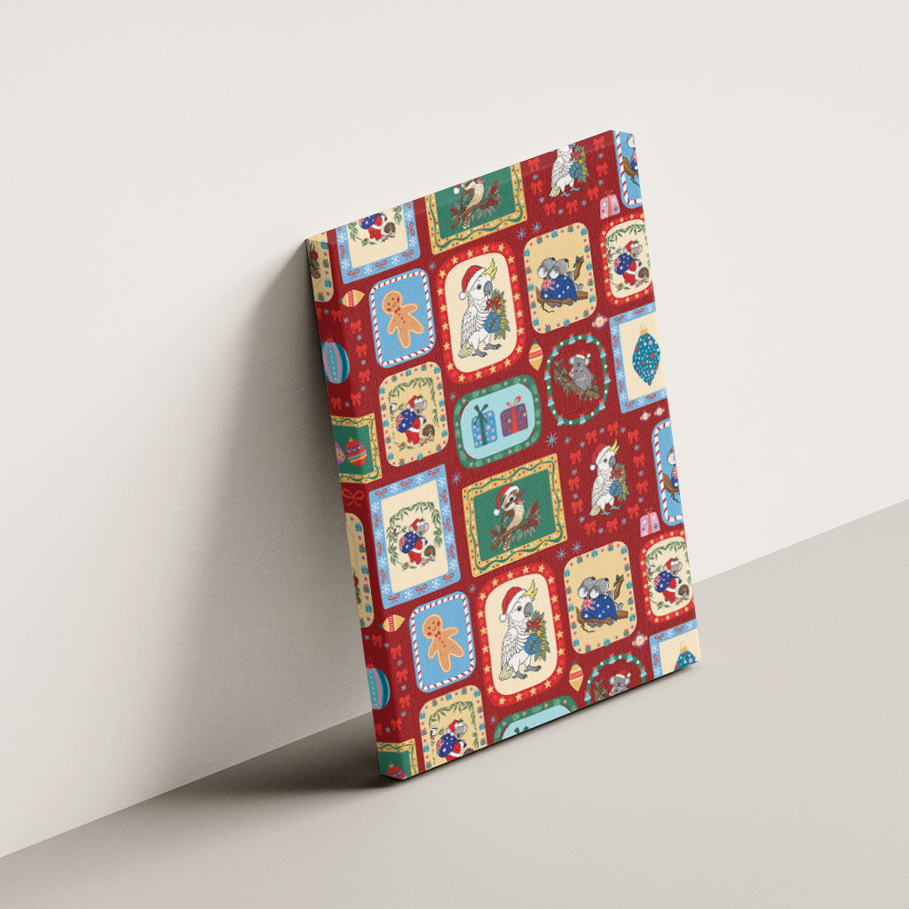 Australia Wildlife Christmas Stamp Canvas Wall Art Red Aussie Native Animal Seamless Pattern