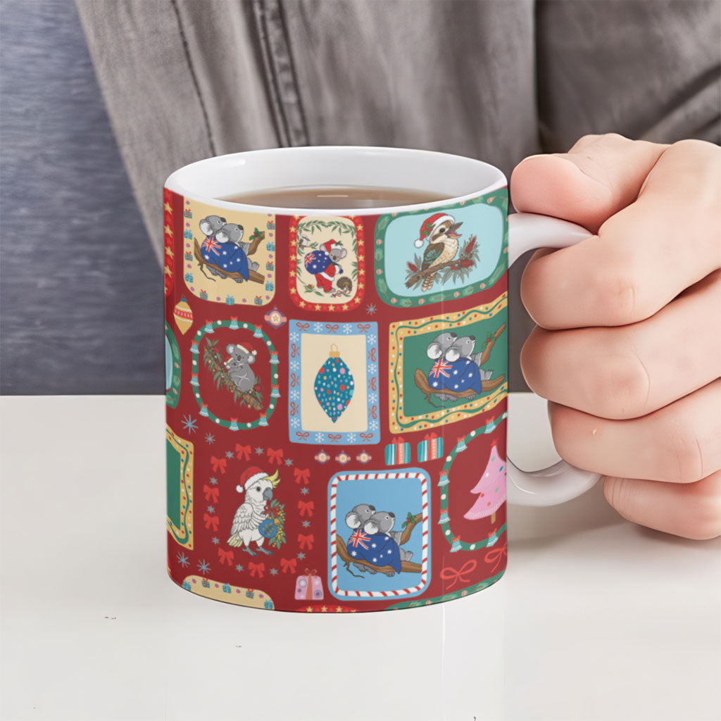 Australia Wildlife Christmas Stamp Ceramic Mug Red Aussie Native Animal Seamless Pattern