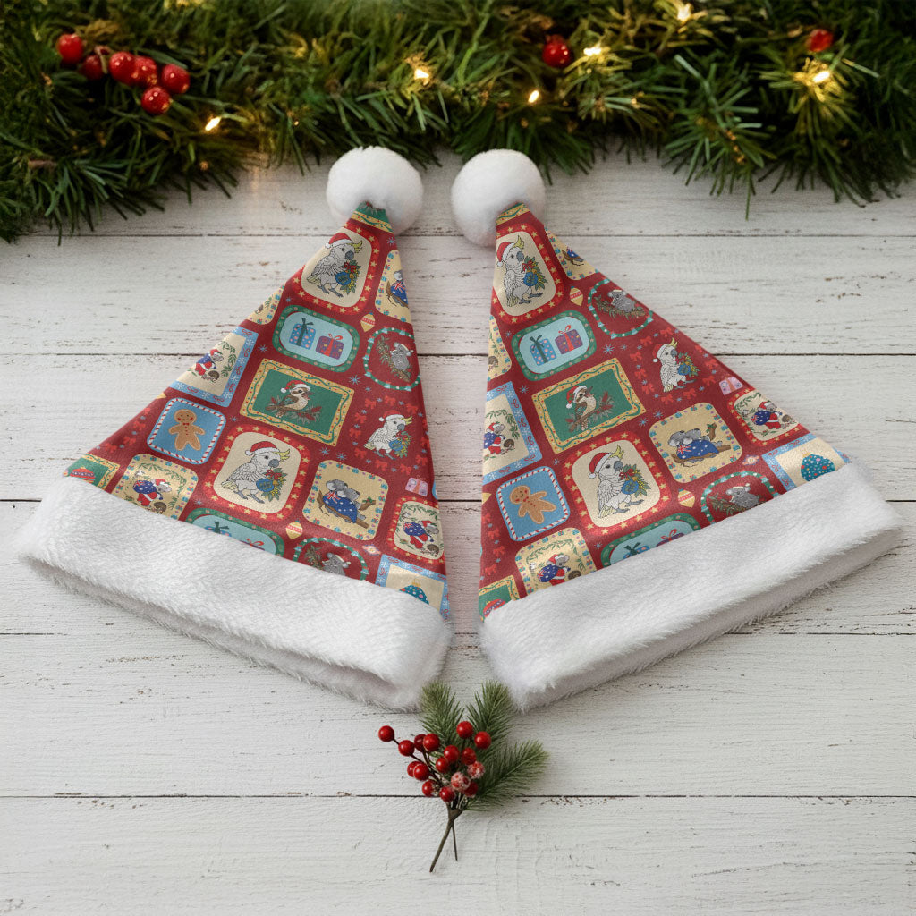 Australia Wildlife Christmas Stamps Christmas Santa Hat Red Aussie Native Animal Seamless Pattern