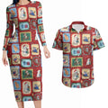 Australia Wildlife Christmas Stamp Couples Matching Long Sleeve Bodycon Dress and Hawaiian Shirt Red Aussie Native Animal Seamless Pattern