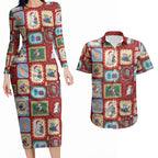 Australia Wildlife Christmas Stamp Couples Matching Long Sleeve Bodycon Dress and Hawaiian Shirt Red Aussie Native Animal Seamless Pattern