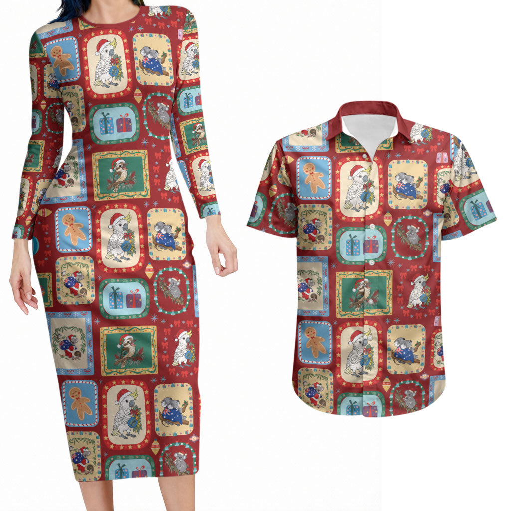 Australia Wildlife Christmas Stamp Couples Matching Long Sleeve Bodycon Dress and Hawaiian Shirt Red Aussie Native Animal Seamless Pattern