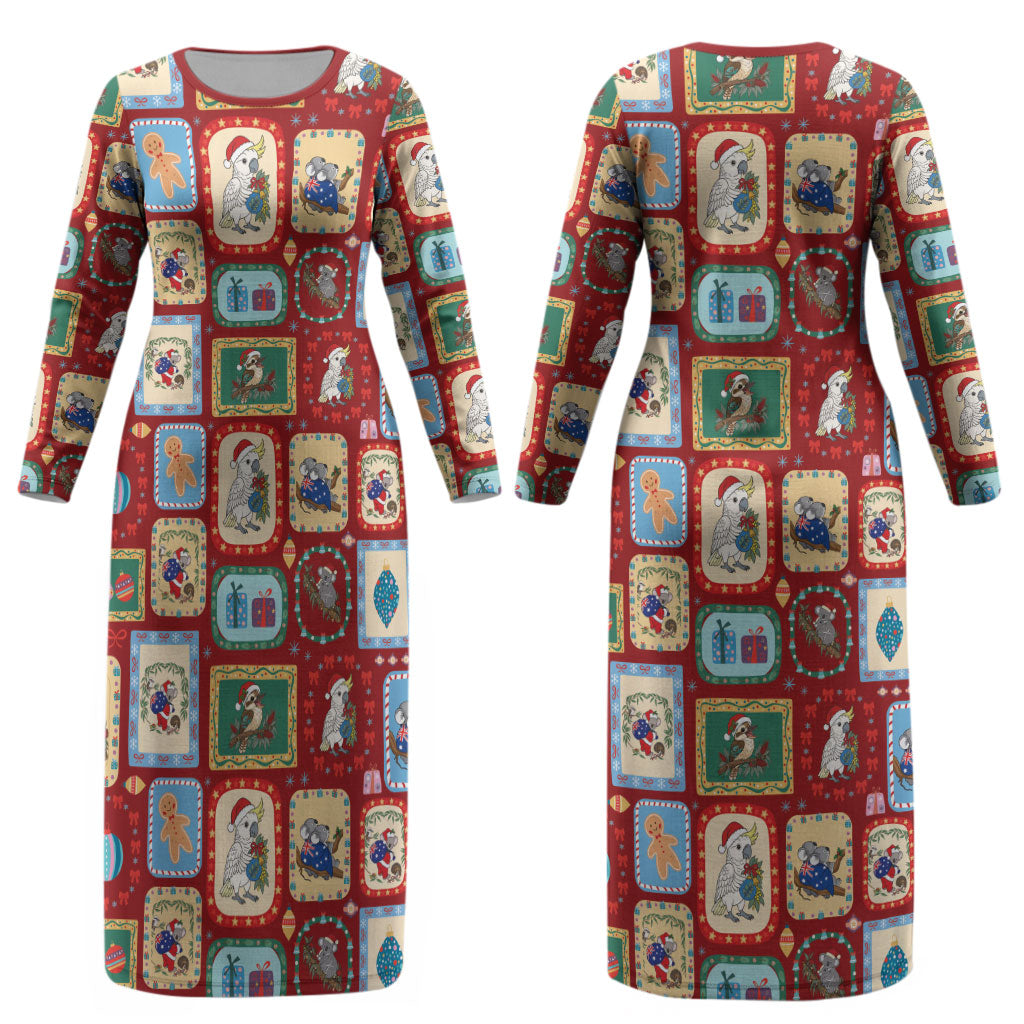 Australia Wildlife Christmas Stamp Couples Matching Long Sleeve Bodycon Dress and Hawaiian Shirt Red Aussie Native Animal Seamless Pattern