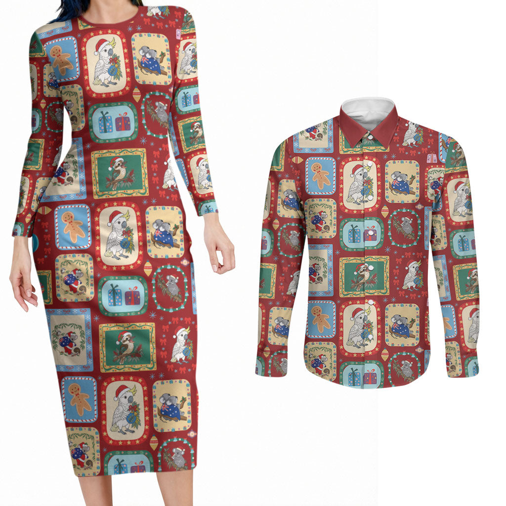 Australia Wildlife Christmas Stamp Couples Matching Long Sleeve Bodycon Dress and Long Sleeve Button Shirt Red Aussie Native Animal Seamless Pattern