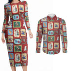 Australia Wildlife Christmas Stamp Couples Matching Long Sleeve Bodycon Dress and Long Sleeve Button Shirt Red Aussie Native Animal Seamless Pattern