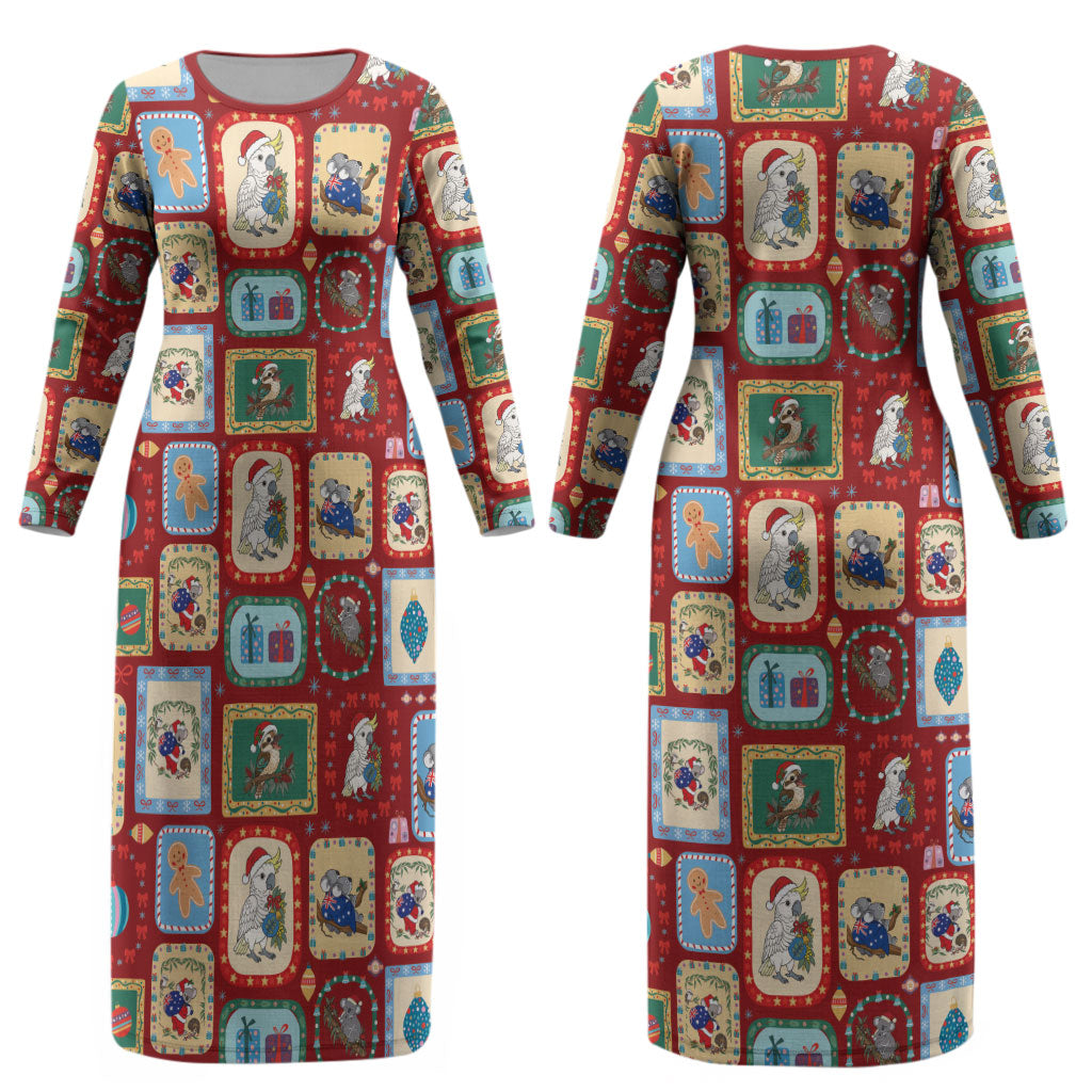 Australia Wildlife Christmas Stamp Couples Matching Long Sleeve Bodycon Dress and Long Sleeve Button Shirt Red Aussie Native Animal Seamless Pattern
