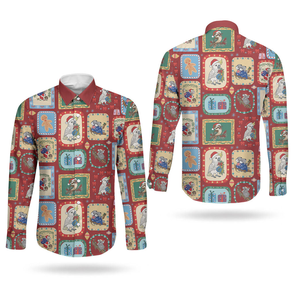 Australia Wildlife Christmas Stamp Couples Matching Mermaid Dress and Long Sleeve Button Shirt Red Aussie Native Animal Seamless Pattern