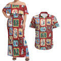 Australia Wildlife Christmas Stamp Couples Matching Off Shoulder Maxi Dress and Hawaiian Shirt Red Aussie Native Animal Seamless Pattern