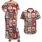 Australia Wildlife Christmas Stamp Couples Matching Off Shoulder Maxi Dress and Hawaiian Shirt Red Aussie Native Animal Seamless Pattern
