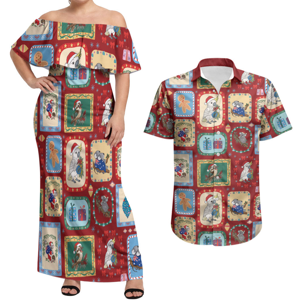 Australia Wildlife Christmas Stamp Couples Matching Off Shoulder Maxi Dress and Hawaiian Shirt Red Aussie Native Animal Seamless Pattern