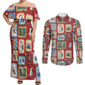 Australia Wildlife Christmas Stamp Couples Matching Off Shoulder Maxi Dress and Long Sleeve Button Shirt Red Aussie Native Animal Seamless Pattern