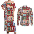 Australia Wildlife Christmas Stamp Couples Matching Off Shoulder Maxi Dress and Long Sleeve Button Shirt Red Aussie Native Animal Seamless Pattern