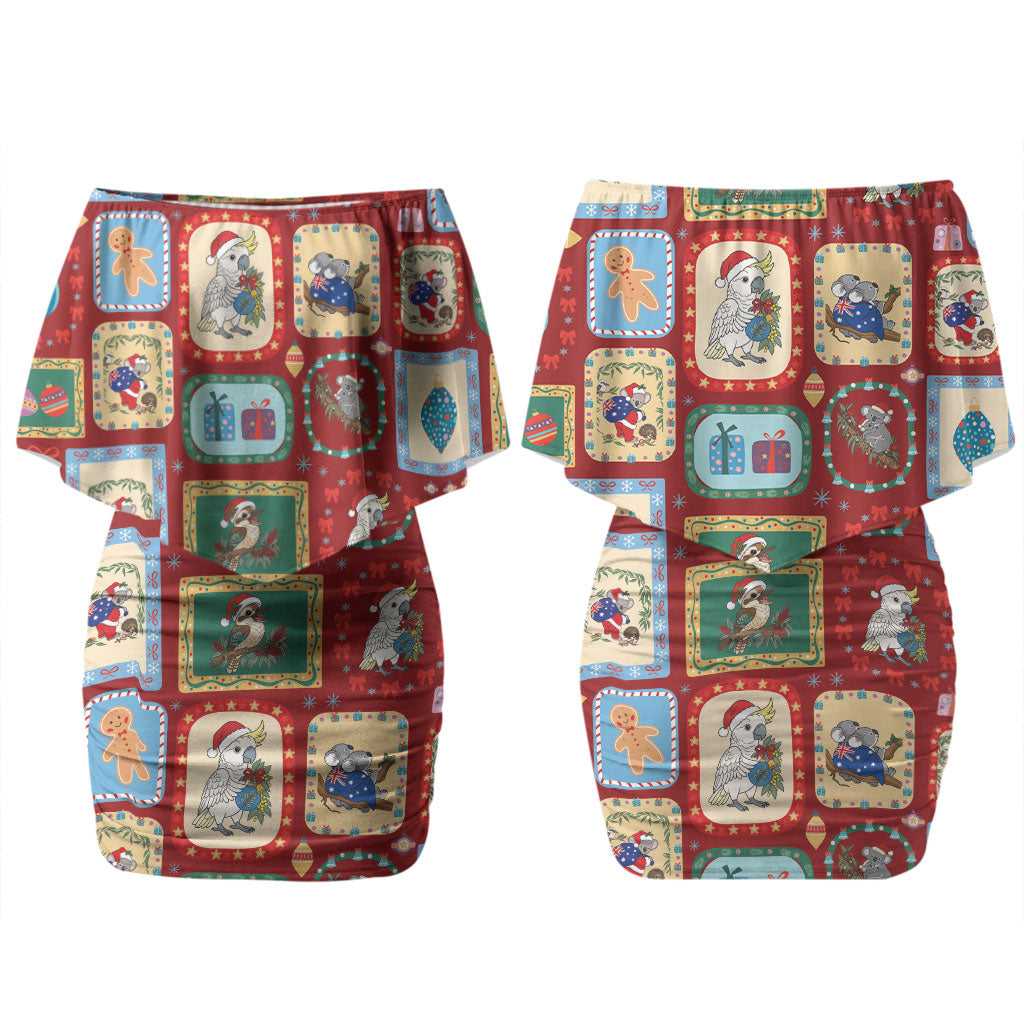 Australia Wildlife Christmas Stamp Couples Matching Off Shoulder Short Dress and Hawaiian Shirt Red Aussie Native Animal Seamless Pattern